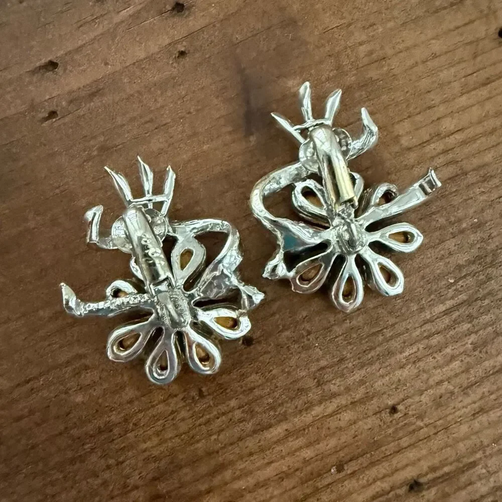 1950s Vintage Coro Rhinestone Earrings Light Pastel Blue Rhinestone Flowers Fanf